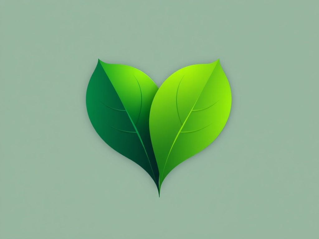 Abstract stylized heart formed by two overlapping leaves, flat vector style, gradient green tones, transparent background, 8k
